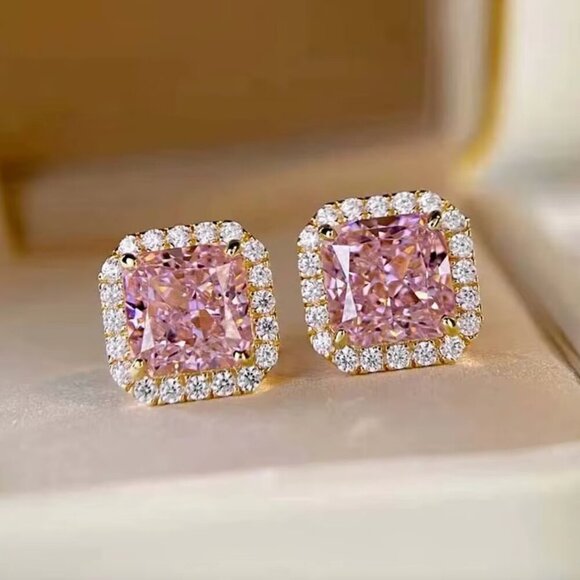18k Gold Pink Sapphire Diamond Earrings Cushion Cut Earrings - Picture 1 of 6